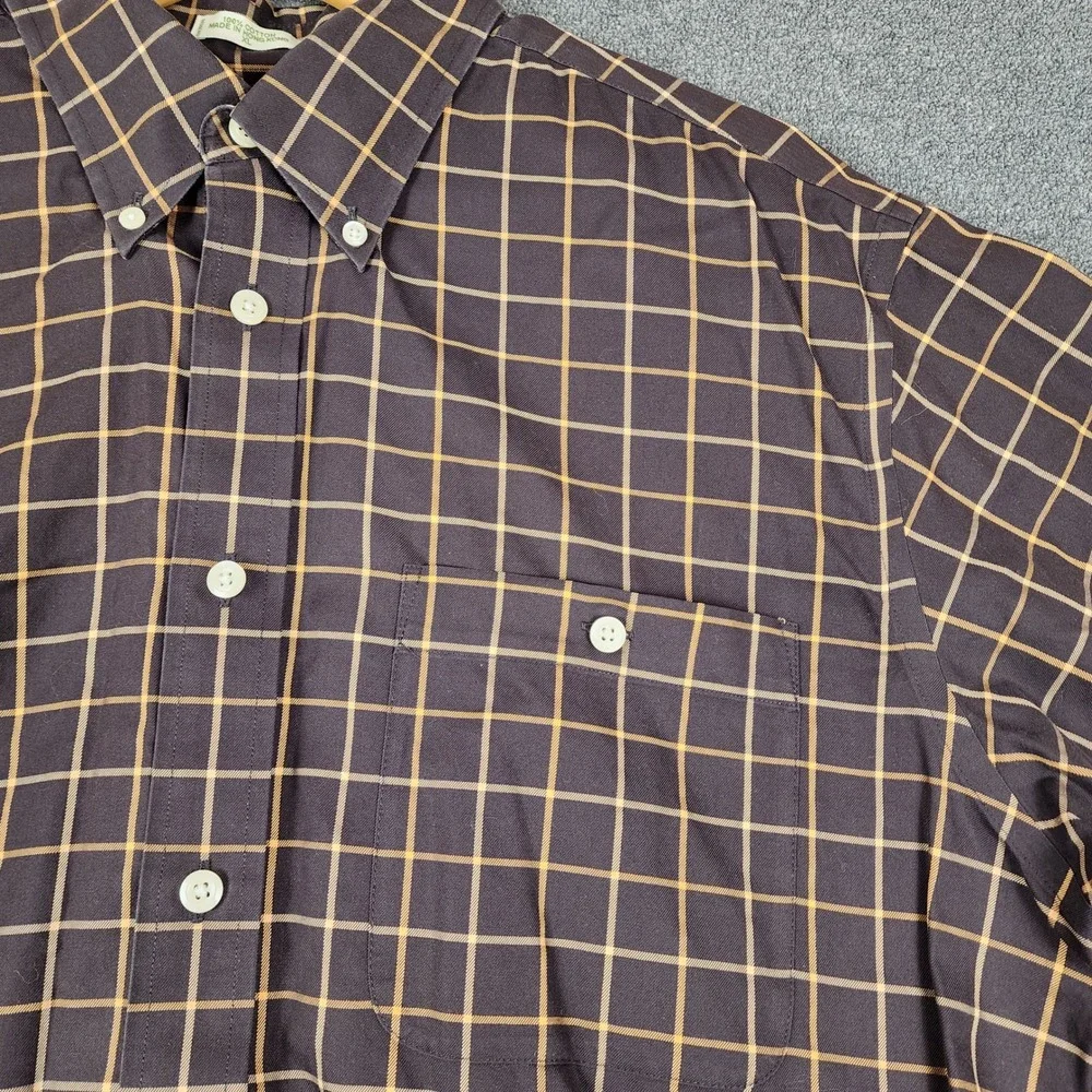 Orvis Mens XL Short Sleeve Button Down Shirt Brown Tan Windowpane Plaid Cotton
